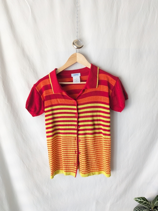 Esprit Sweaters - Esprit Red & Yellow Striped Polo Cardigan